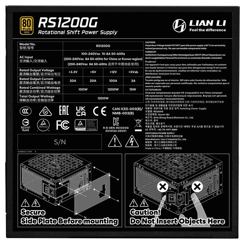 Lian Li RS Series strømforsyning 1200 W 80 PLUS Gold ATX 3.1 - Lian Li