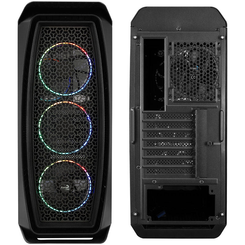 Detaljbilde av perforert front på Aerocool Aero One Eclipse kabinett