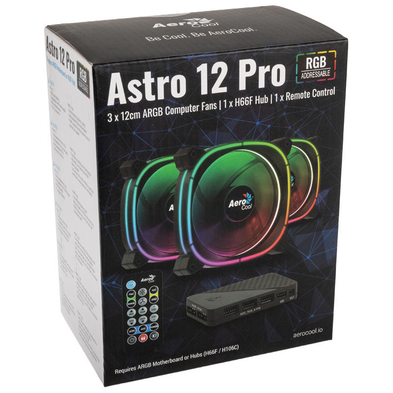 Aerocool Astro 12 Pro ARGB vifte 3-pakning pakket sammen