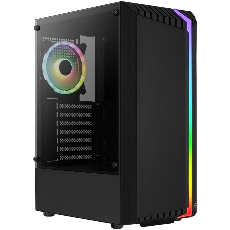 Frontpanel med USB-porter på Aerocool Bionic v2 kabinett midtårn RGB herdet glass svart