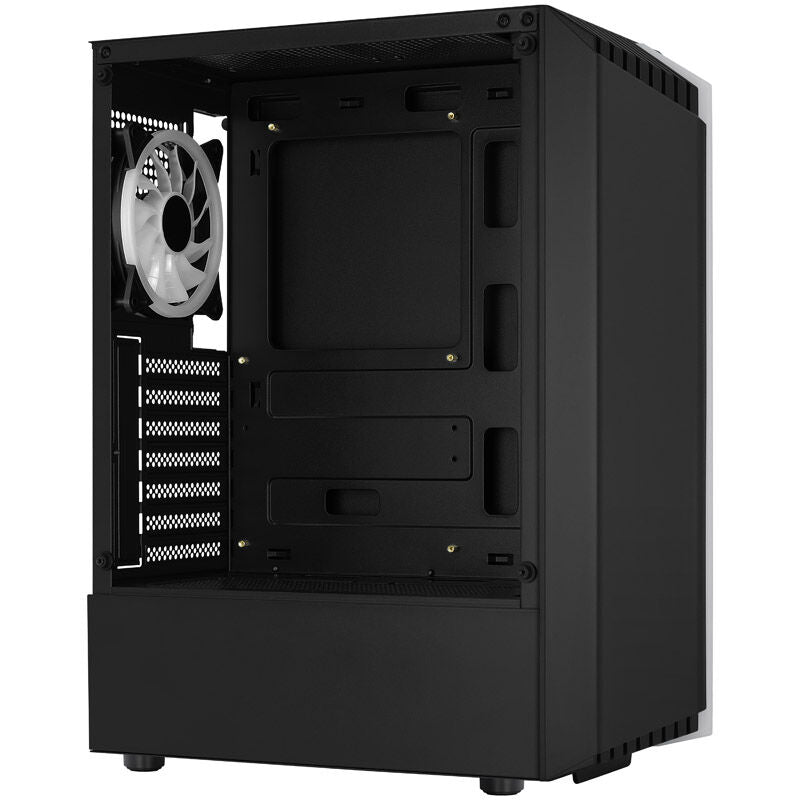 Nærbilde av herdet glass sidepanel på Aerocool Bionic v2 kabinett midtårn RGB herdet glass svart