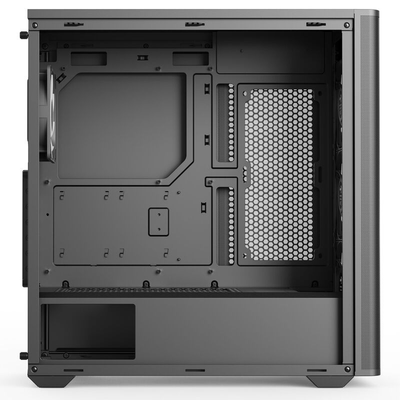 Nærbilde av trefront på Aerocool D501A kabinett midtårn ATX herdet glass ARGB svart