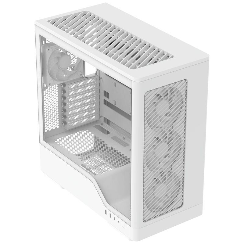 Detalj av herdet glass på Aerocool D520A kabinett midtårn ATX RGB hvit
