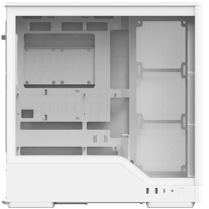 Nærbilde av ventilasjon på Aerocool D520A kabinett midtårn ATX RGB hvit