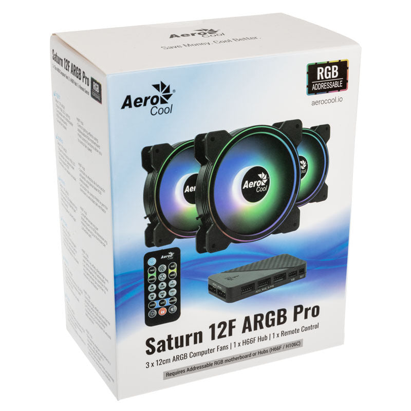 Aerocool Saturn 12F Pro ARGB vifte pakning med tre vifter