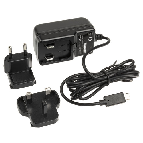 Akasa 15 W USB-C strømforsyning for Raspberry Pi 4 svart forfra