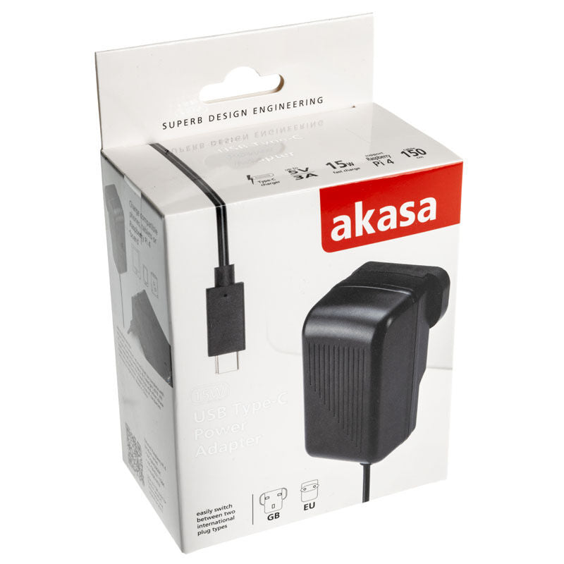 Akasa 15 W USB-C strømforsyning for Raspberry Pi 4 svart montert og tilkoblet