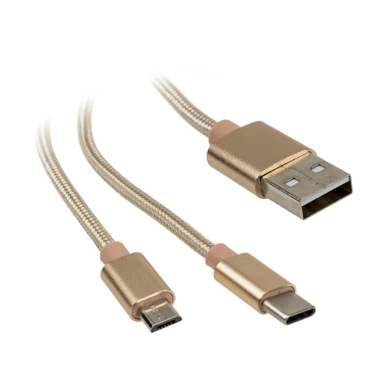 Akasa 2-i-1 USB 2.0 kabel Type-A til Micro-B og USB-C 1 m gull forfra
