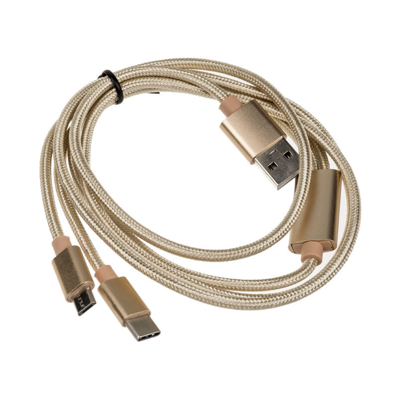 Akasa 2-i-1 USB 2.0 kabel Type-A til Micro-B og USB-C 1 m gull bakside