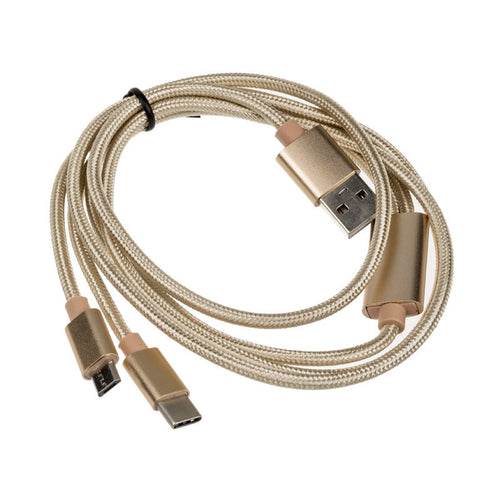 Akasa 2-i-1 USB 2.0 kabel Type-A til Micro-B og USB-C 1 m gull bakside