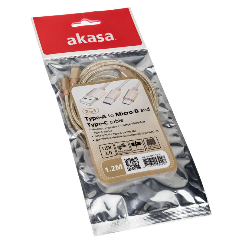 Nærbilde av Akasa 2-i-1 USB 2.0 kabel Type-A til Micro-B og USB-C 1 m gull plugg
