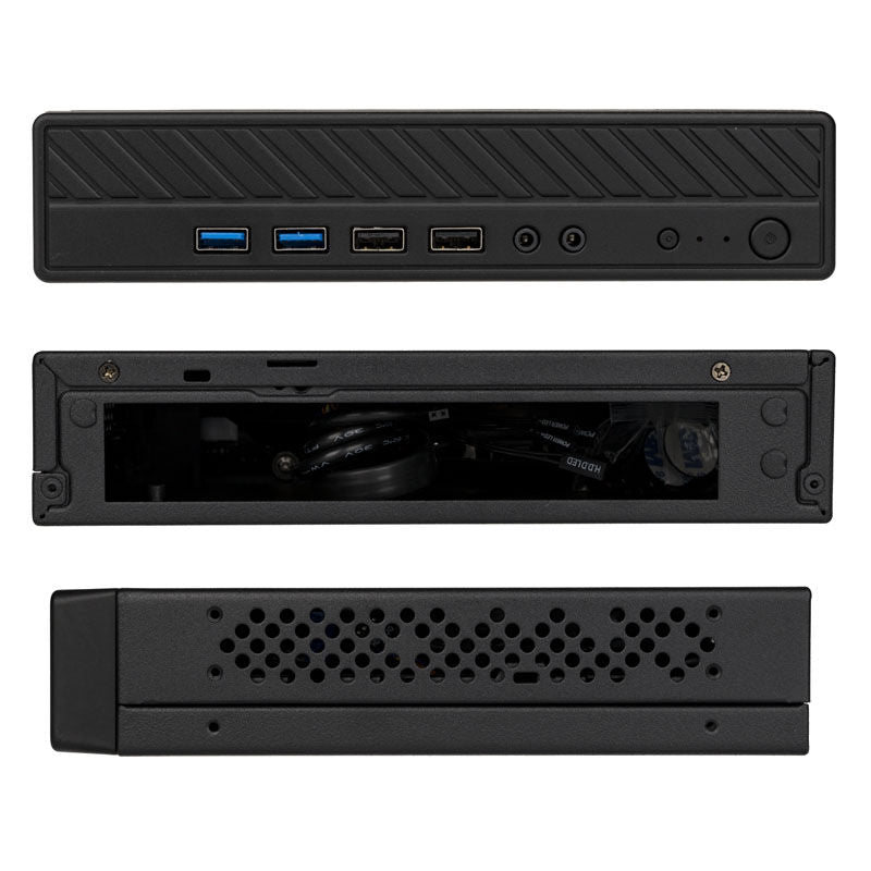 Nærbilde av frontpanel på Akasa Cypher MX3 Thin Mini-ITX HTPC-kabinett OEM svart