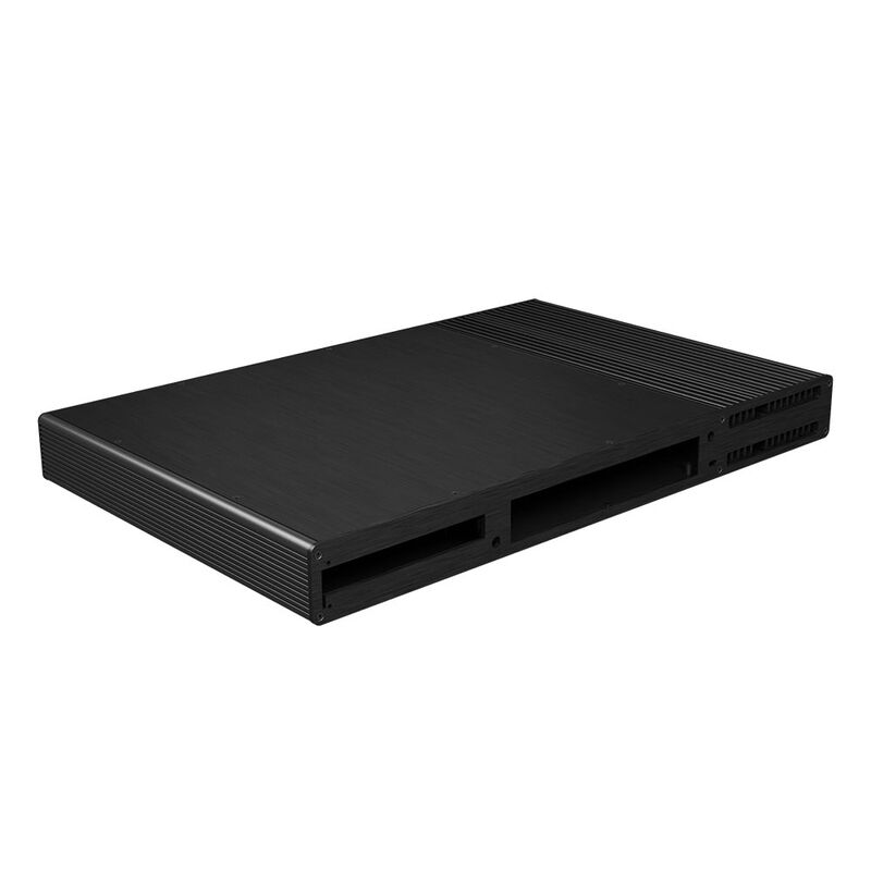 Detalj av Akasa Galileo TU Plus MKII Mini-ITX kabinett vifteløs svart aluminium
