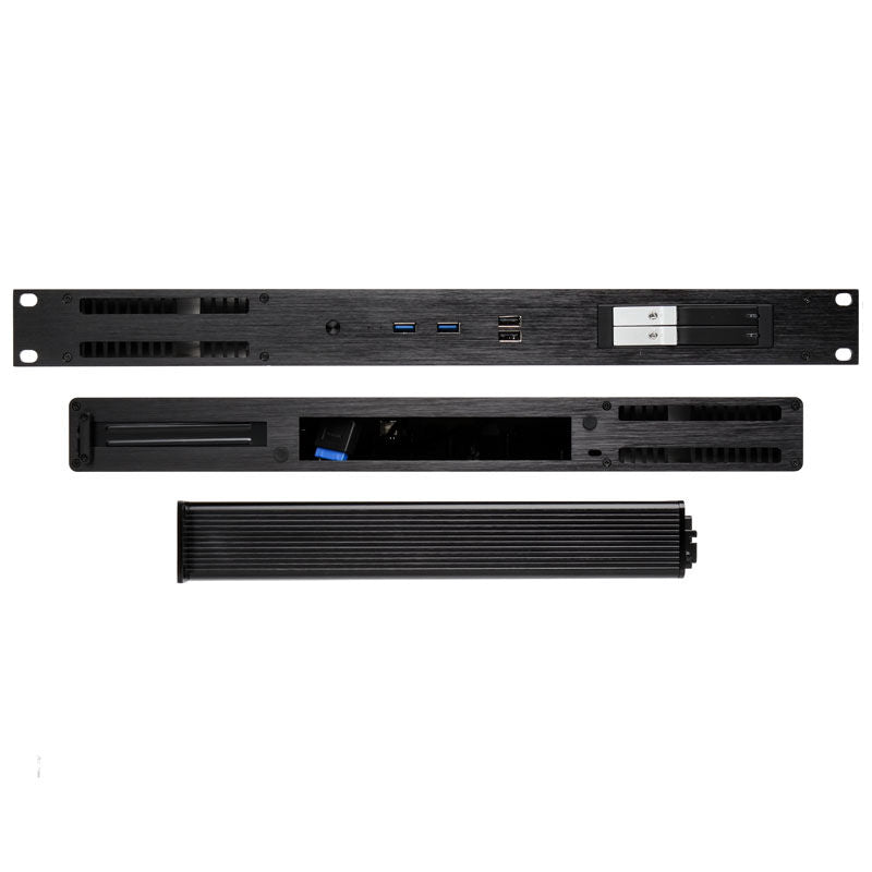 Nærbilde av frontpanel på Akasa Galileo TU1 Thin-Mini-ITX 1U kabinett aluminium svart