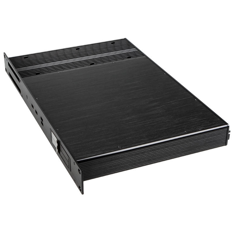 Detalj av Akasa Galileo TU1 Thin-Mini-ITX 1U kabinett aluminium svart lameller