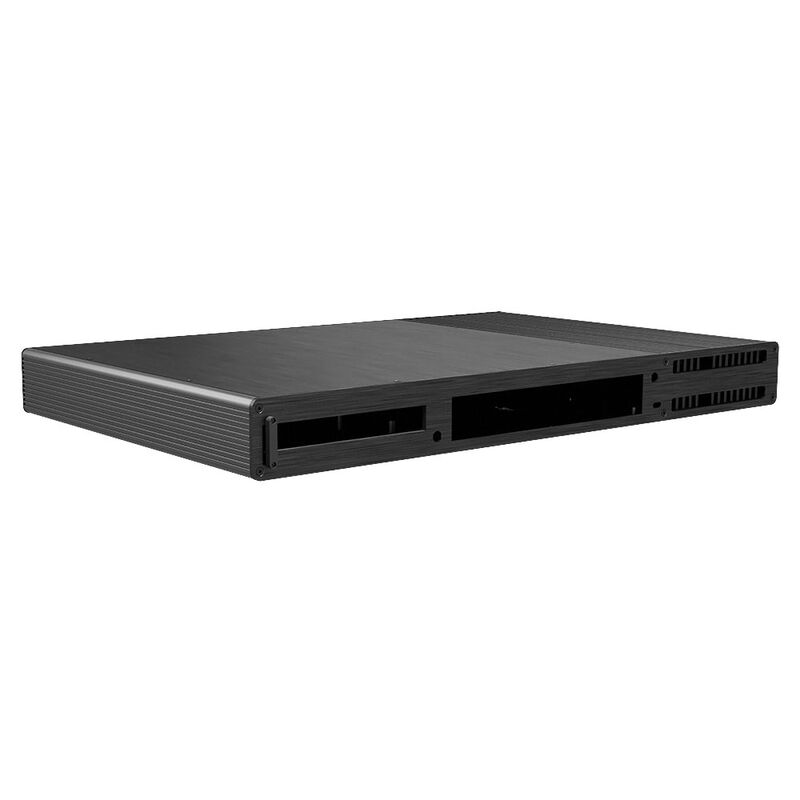 Nærbilde av Akasa Galileo TU2 Plus MKII Mini-ITX kabinett vifteløs svart sider