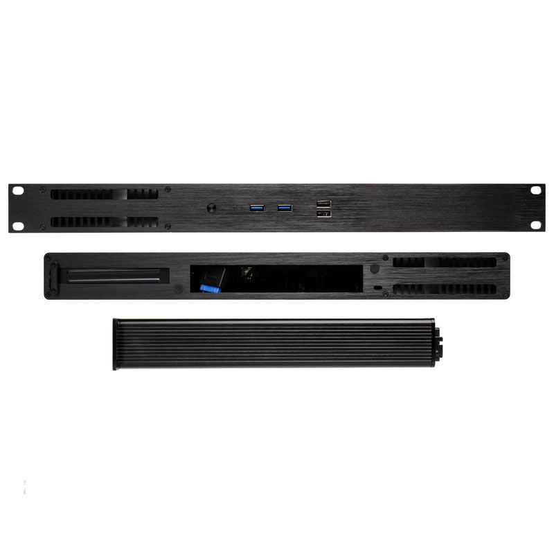 Nærbilde av Akasa Galileo TU3 Thin-Mini-ITX 1U kabinett aluminium svart