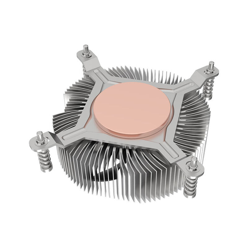 Nærbilde montert Akasa Low Profile CPU-kjøler LGA1700 kobber og aluminium