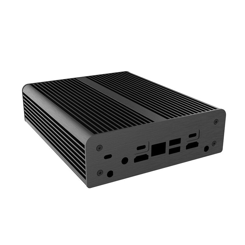 Detalj av Akasa Newton AC3 UCFF kabinett Intel NUC 13 Pro vifteløs svart aluminiumskropp