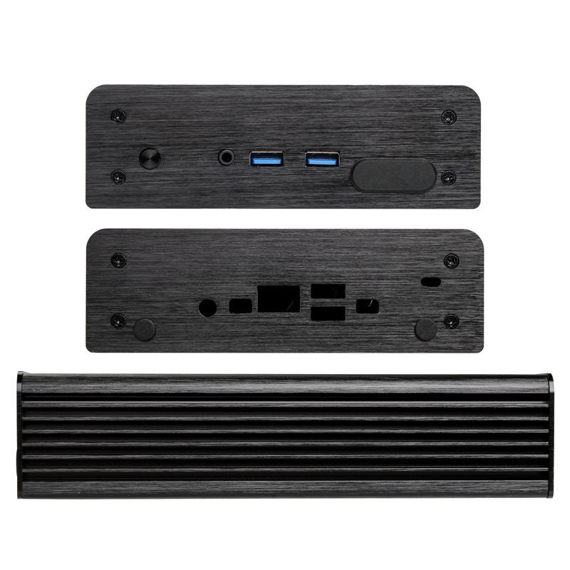 Detalj av Akasa Newton MC UCFF kabinett for Intel NUC aluminium svart front