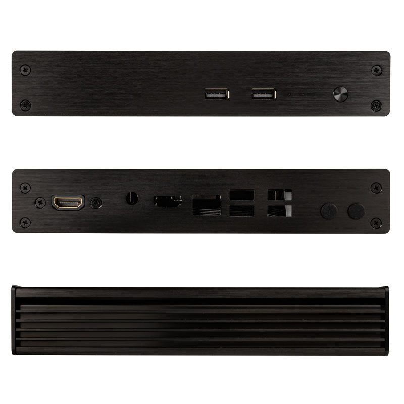 Detalj av Akasa Plato NE Compact 1.4L Intel NUC kabinett svart aluminiumsoverflate