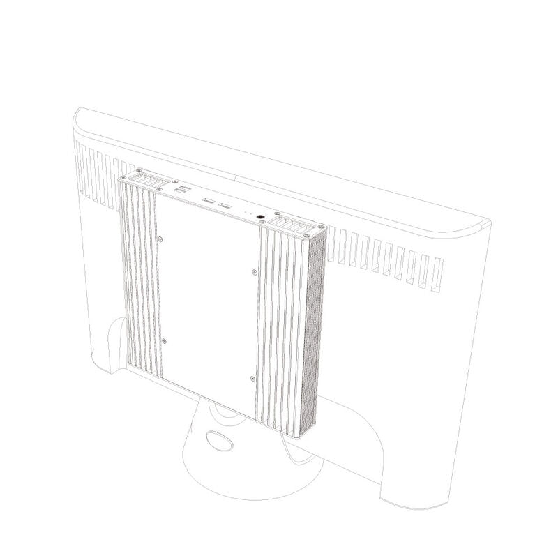 Detalj av Akasa Plato RC UCFF-kabinett ASUS NUC 14 Pro vifteløs svart aluminiumsoverflate