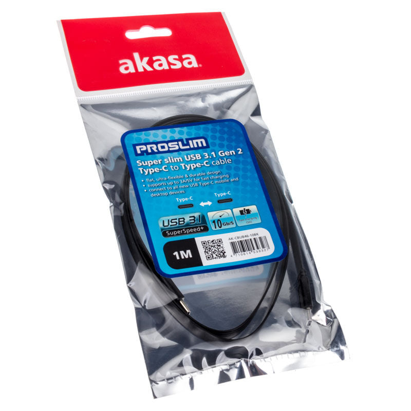 Nærbilde av Akasa PROSLIM USB-C til USB-C kabel USB 3.1 svart kontakt