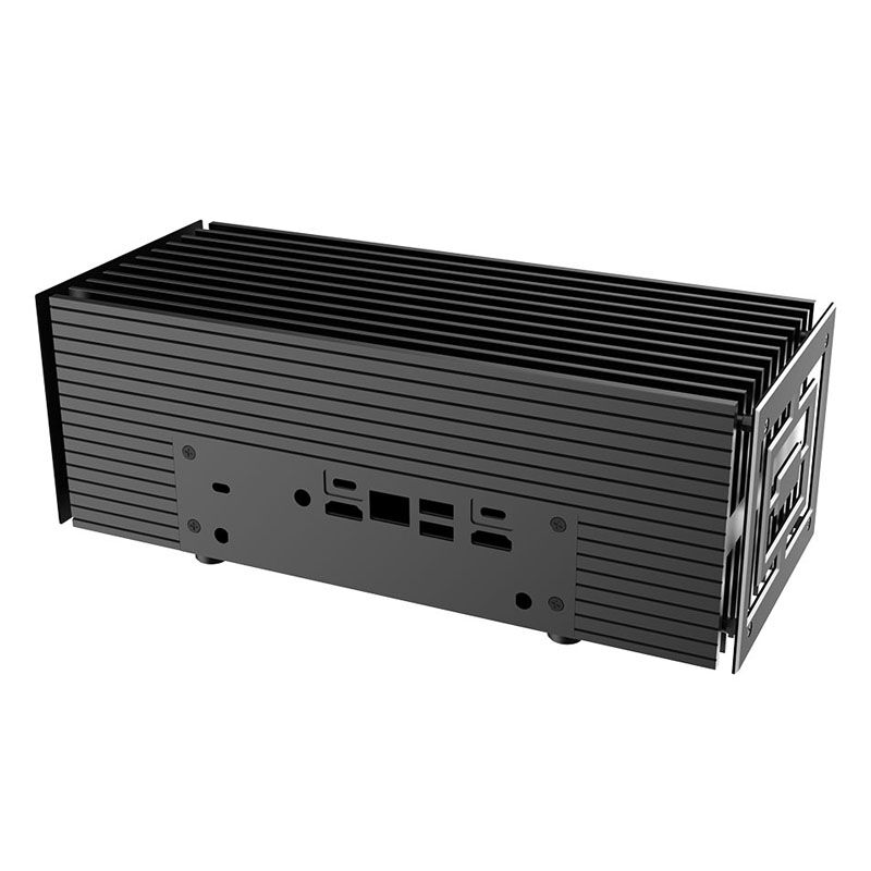Nærbilde av Akasa Turing AC Pro UCFF kabinett Intel NUC passiv kjøling svart aluminiumsoverflate