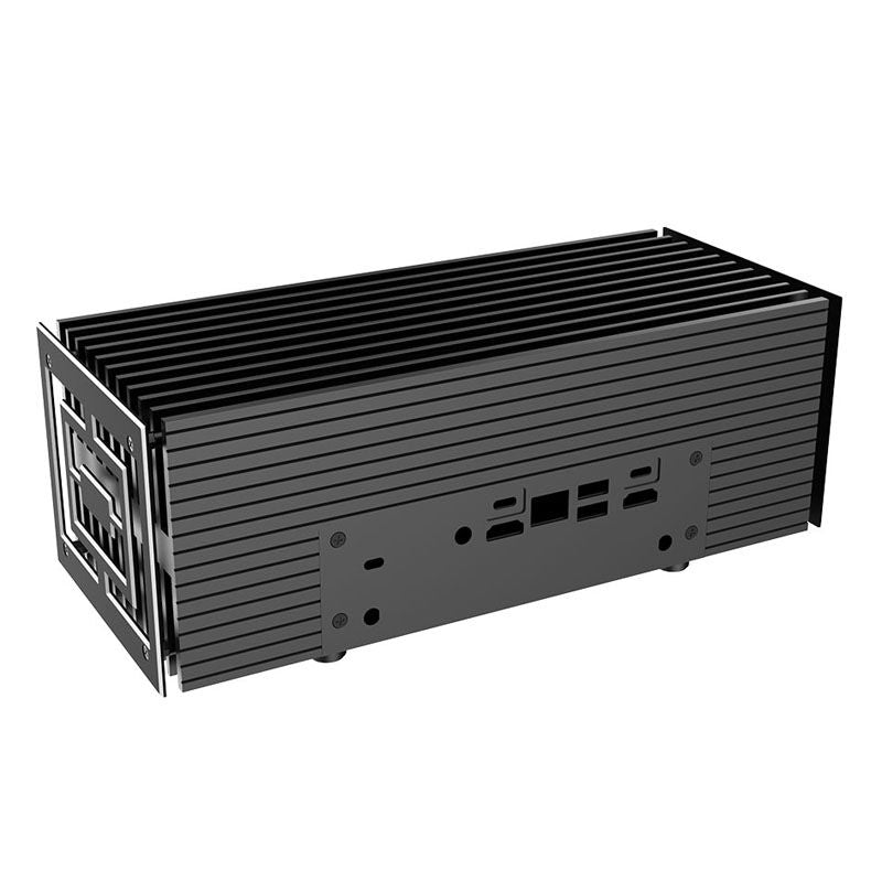 Detalj av portene på Akasa Turing AC Pro UCFF kabinett Intel NUC passiv kjøling svart