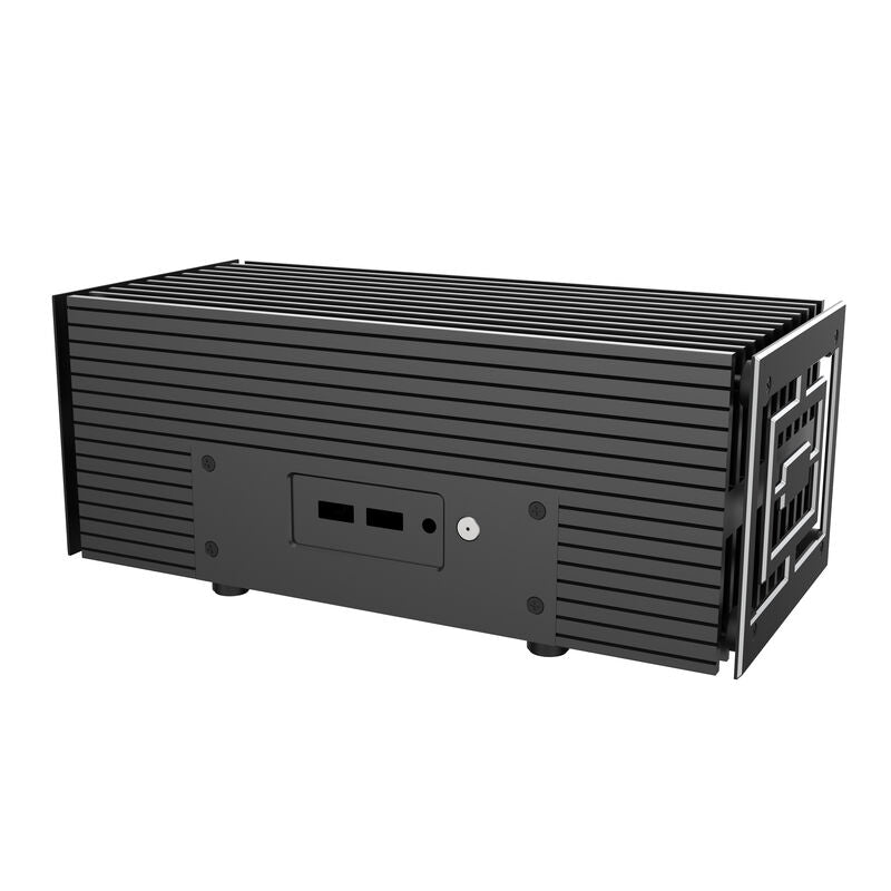 Detalj av Akasa Turing Fanless UCFF kabinett i svart aluminium