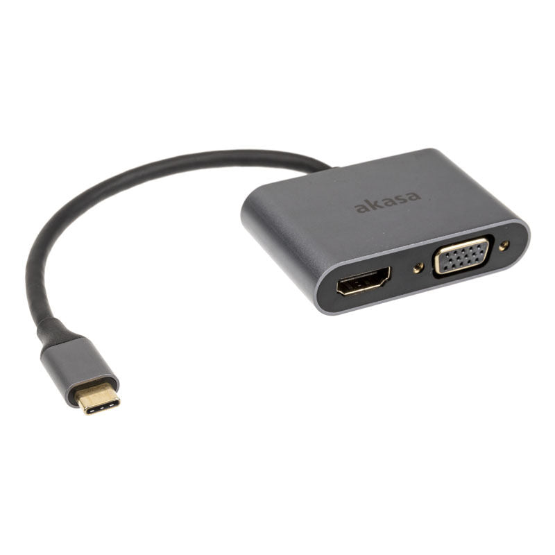 Akasa USB-C 2-i-1 skjermadapter HDMI VGA 4K 60 Hz sølv forfra