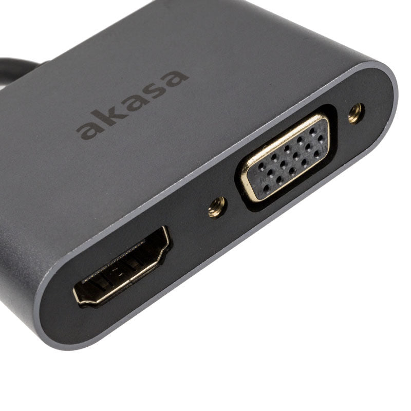 Akasa USB-C 2-i-1 skjermadapter detalj av HDMI-port