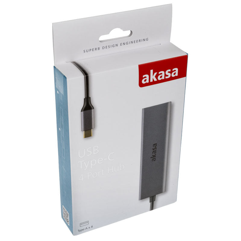 Nærbilde av Akasa USB-C til 4x USB-A 3.0 hub sølv
