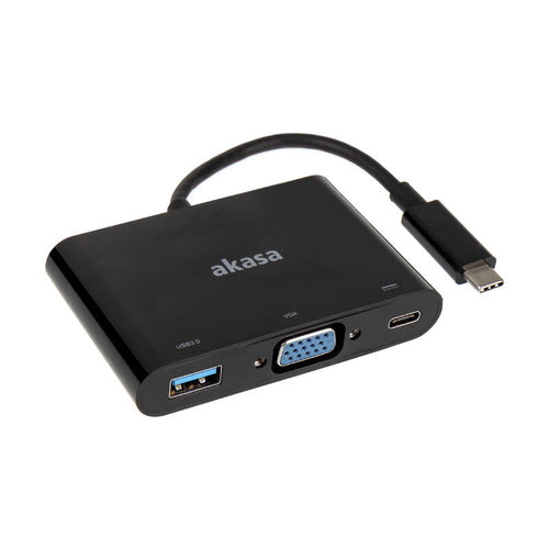 Akasa USB-C til VGA adapter med USB 3.0 Type-A port svart forfra