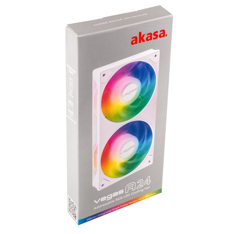 Oversikt av Akasa Vegas A24 ARGB vifte 240 mm PWM hvit