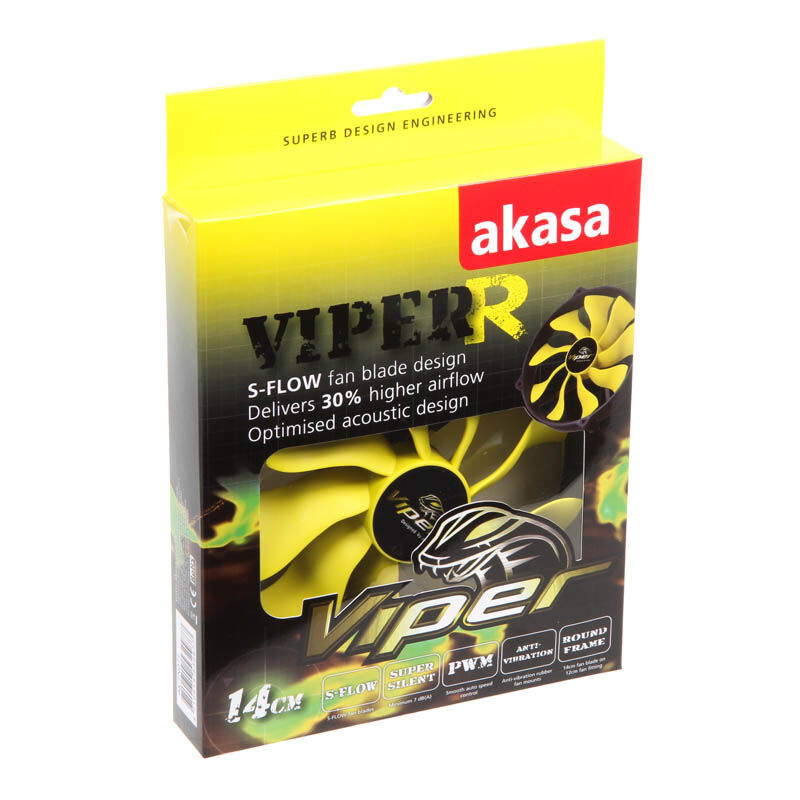 Nærbilde av Akasa Viper R PWM vifte 140 mm svart/gul ramme og rotor