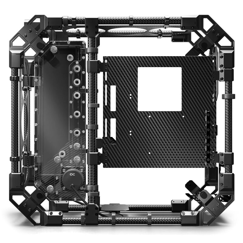 Alphacool Apex Pro Skeleton kabinett nærbilde av røykglass sidepanel