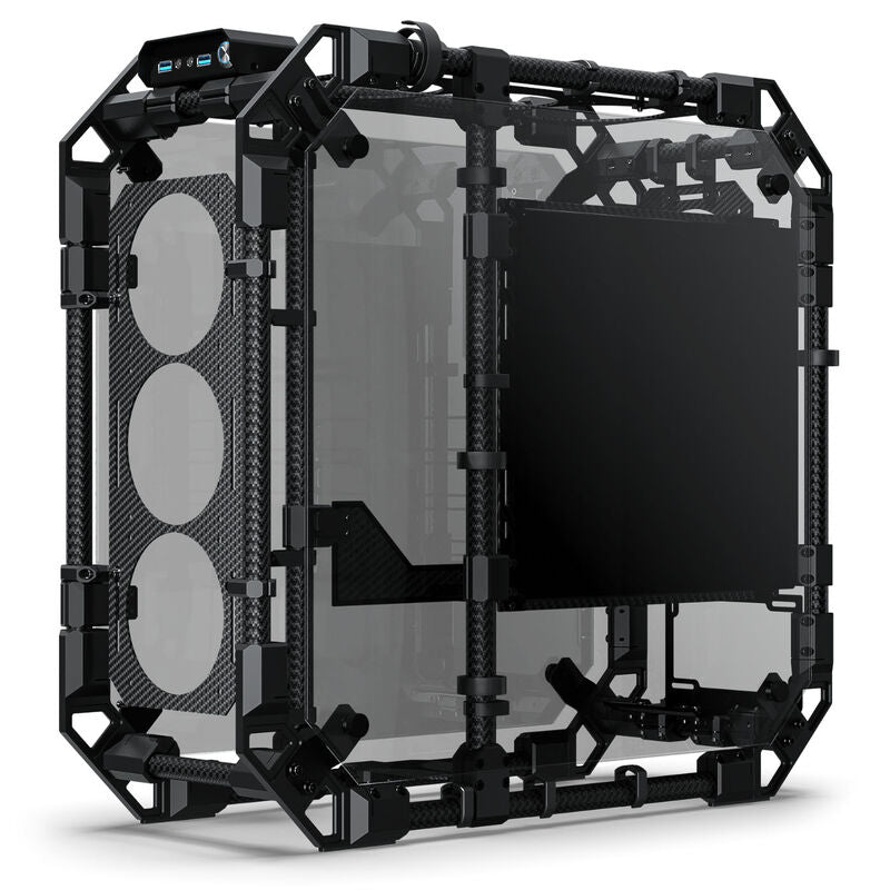 Nærbilde av Alphacool Apex Skeleton kabinett karbonmateriale