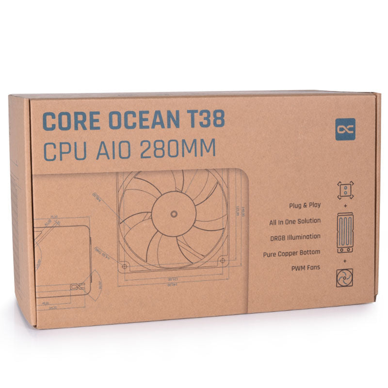 Alphacool Core Ocean T38 280 mm AIO vannkjøling PWM RGB belysning detalj
