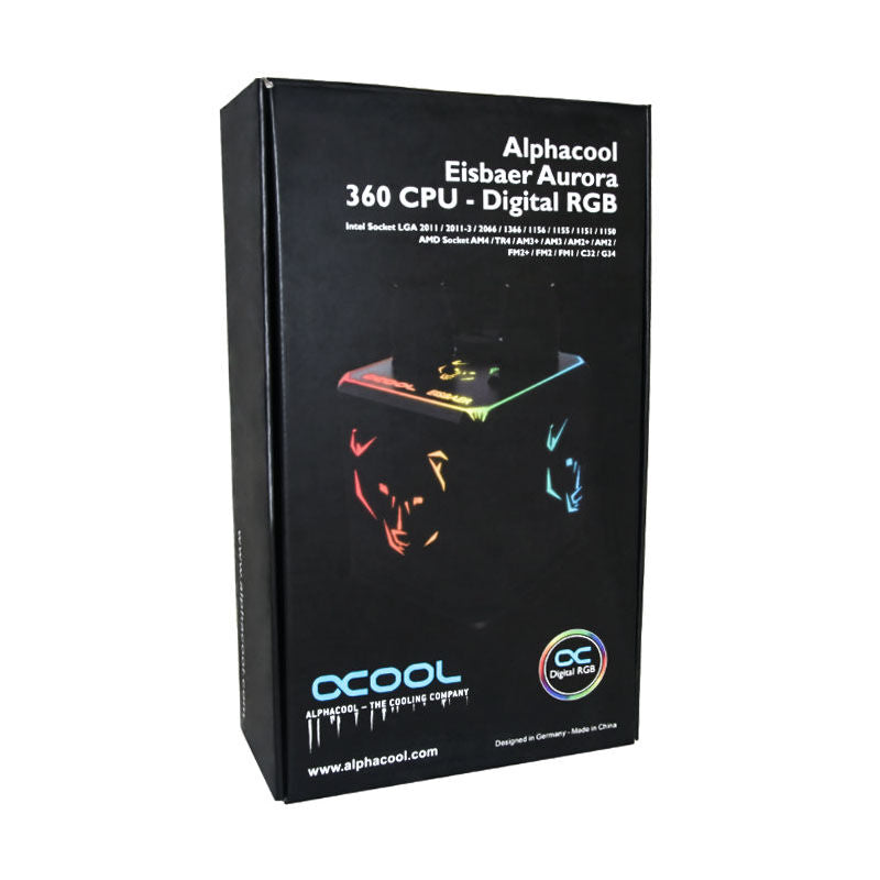 Oversikt av Alphacool Eisbaer Aurora 360 AIO vannkjøling komponenter