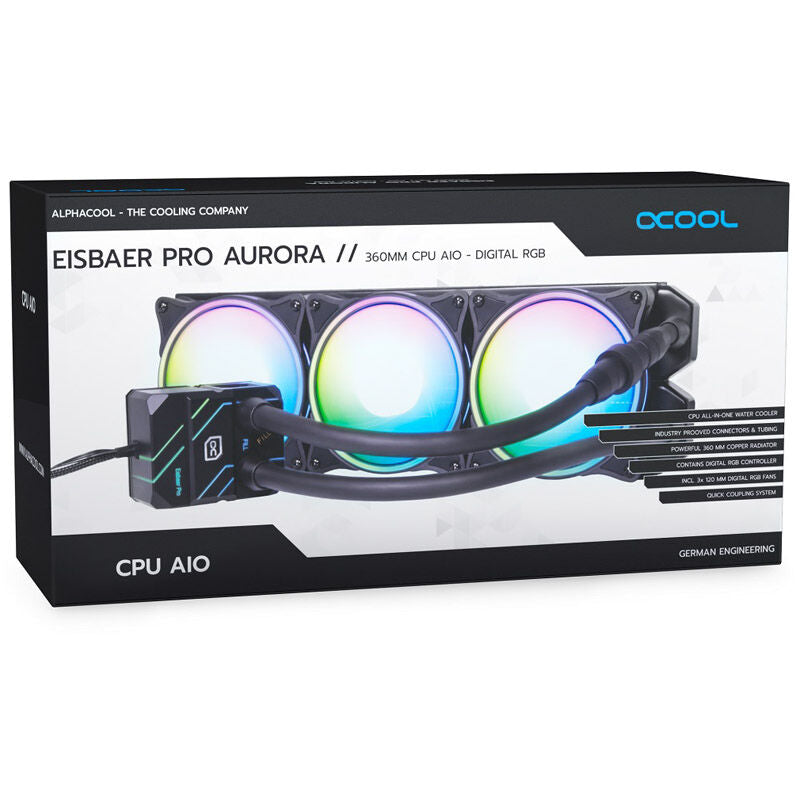 Alphacool Eisbaer Pro Aurora 360 AIO vannkjøling D-RGB installasjonsdetaljer
