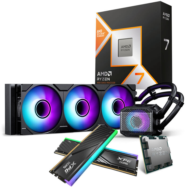 AMD Ryzen 7 9850X3D bundle 32 GB RAM Phanteks AiO svart forfra