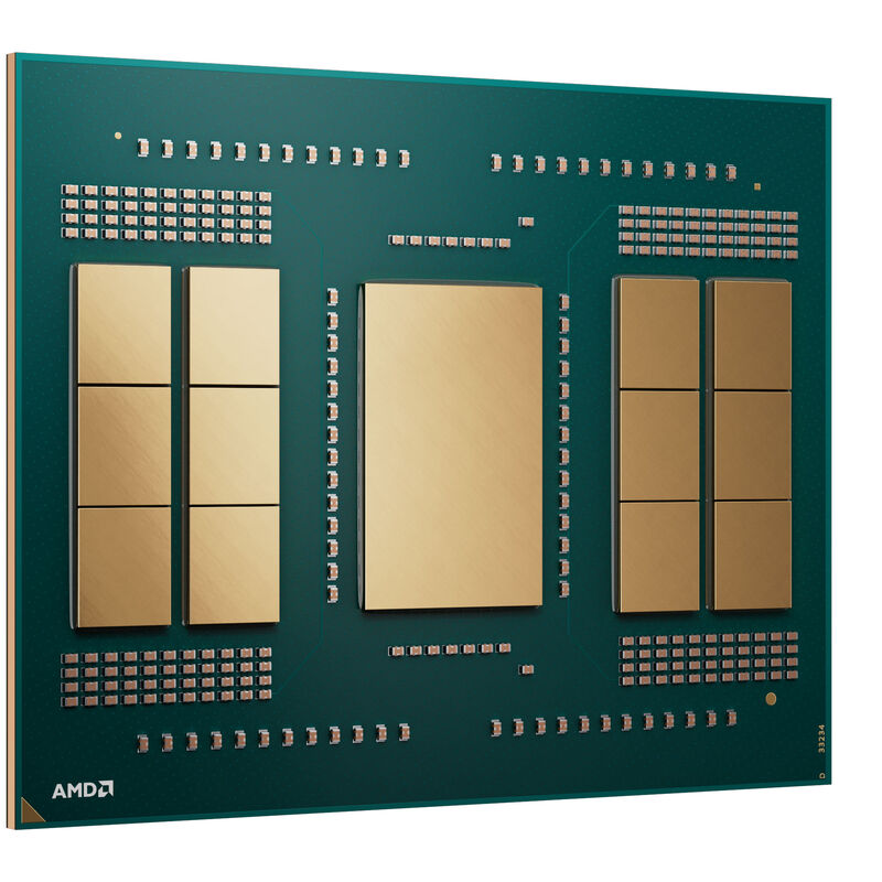Nærbilde av kontaktpunkter på AMD Ryzen Threadripper Pro 9955WX prosessor