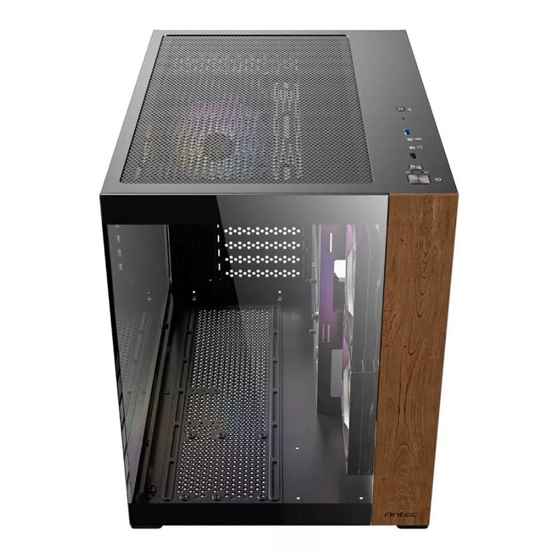 Detalj av herdet glass sidepanel på Antec CX600M Wood kabinett