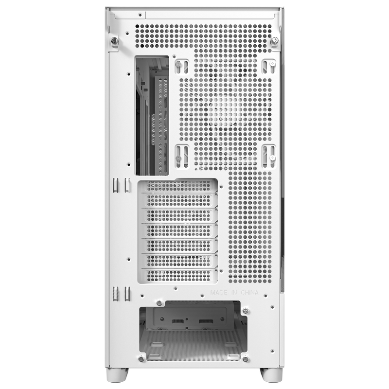 Detalj av Antec Flux kabinett midtårn E-ATX herdet glass hvit med birkefront