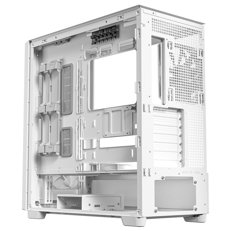 Antec Flux kabinett midtårn E-ATX herdet glass hvit montert med komponenter