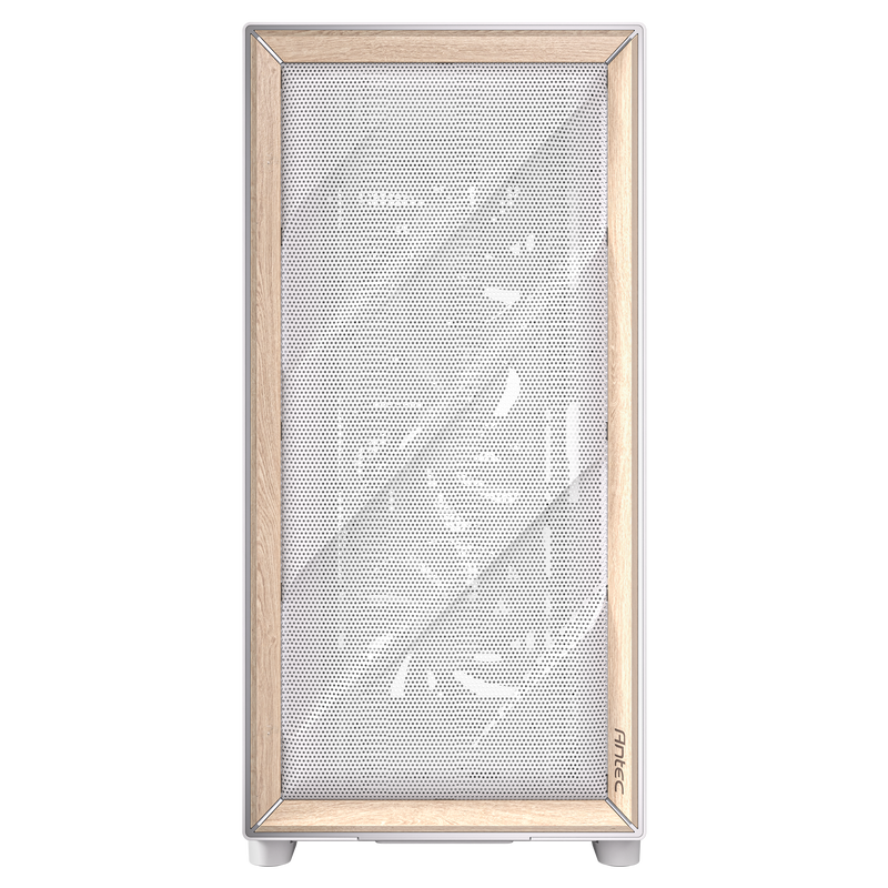 Nærbilde av herdet glass sidepanel på Antec Flux kabinett midtårn E-ATX herdet glass hvit
