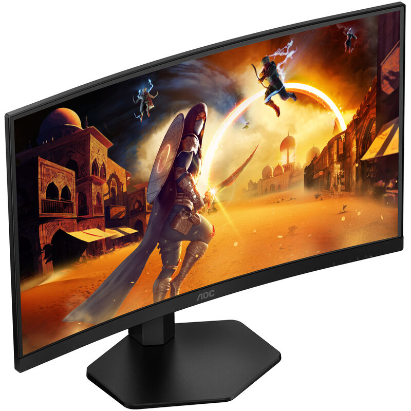 AOC C27G4ZXU curved gamingskjerm 27 montert på skrivebord