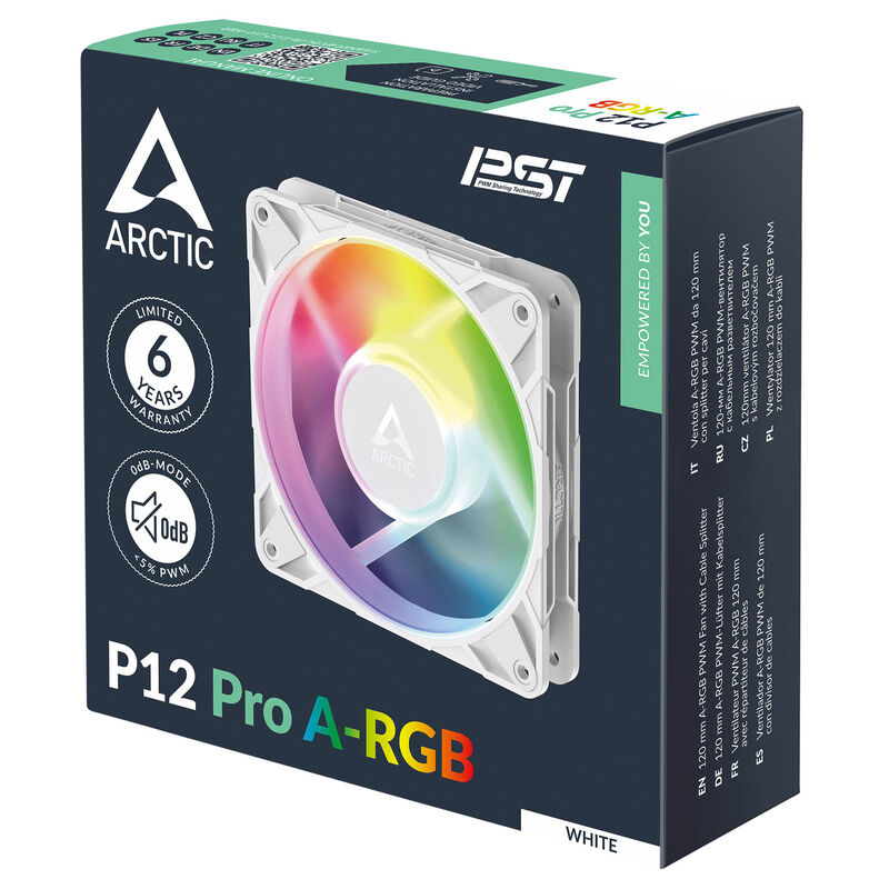 ARCTIC P12 Pro ARGB PWM vifte 120 mm hvit med LED-lys aktivert
