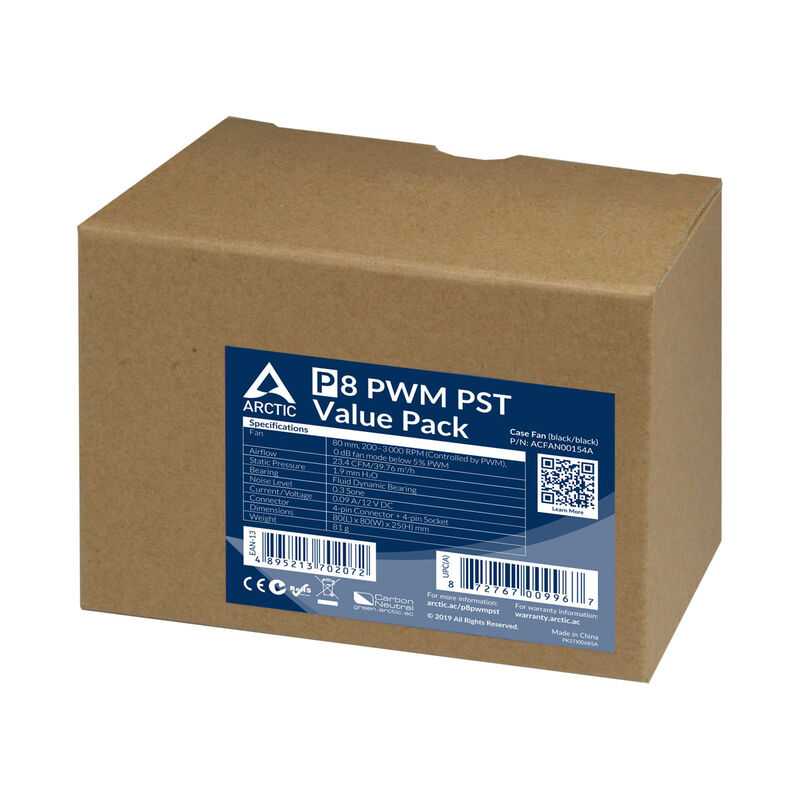 Arctic P8 PWM PST vifte 5-pack 80 mm svart nærbilde detalj